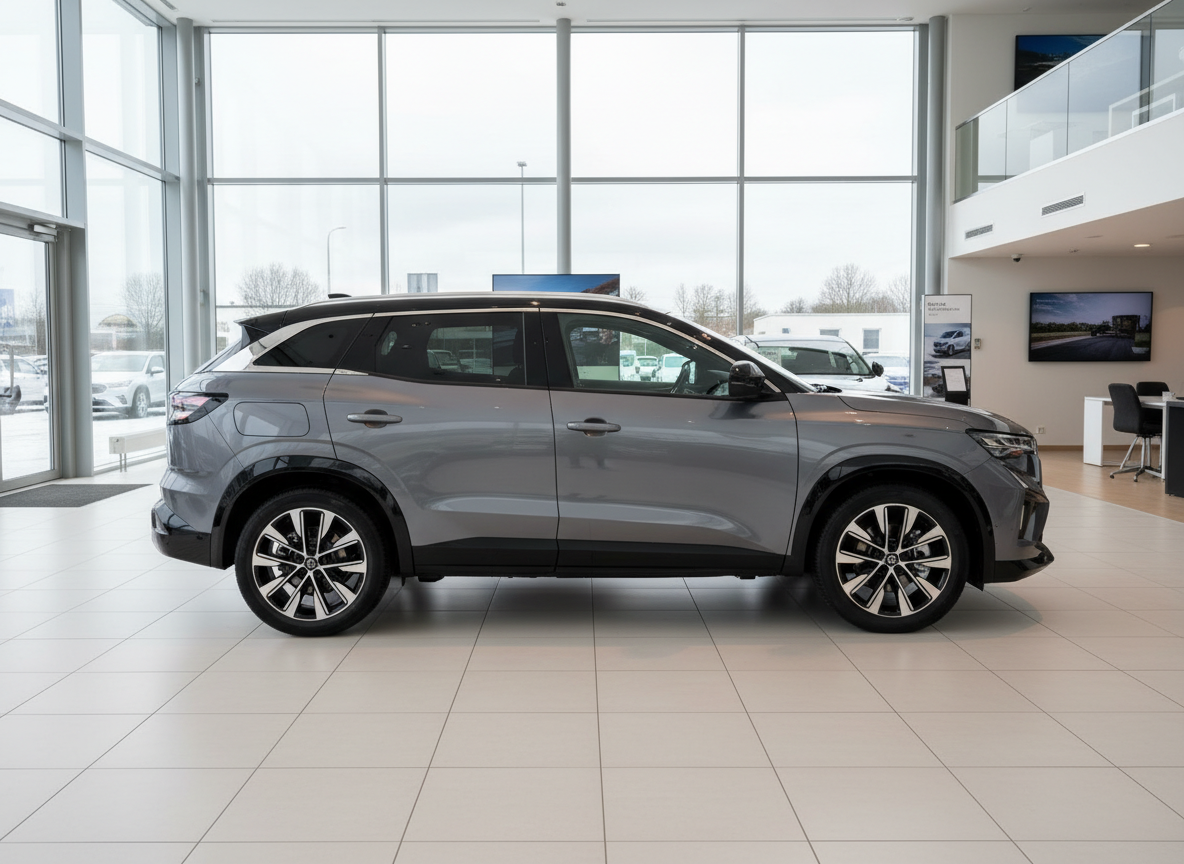 Grauer SUV in modernem Autohaus – Seitenansicht