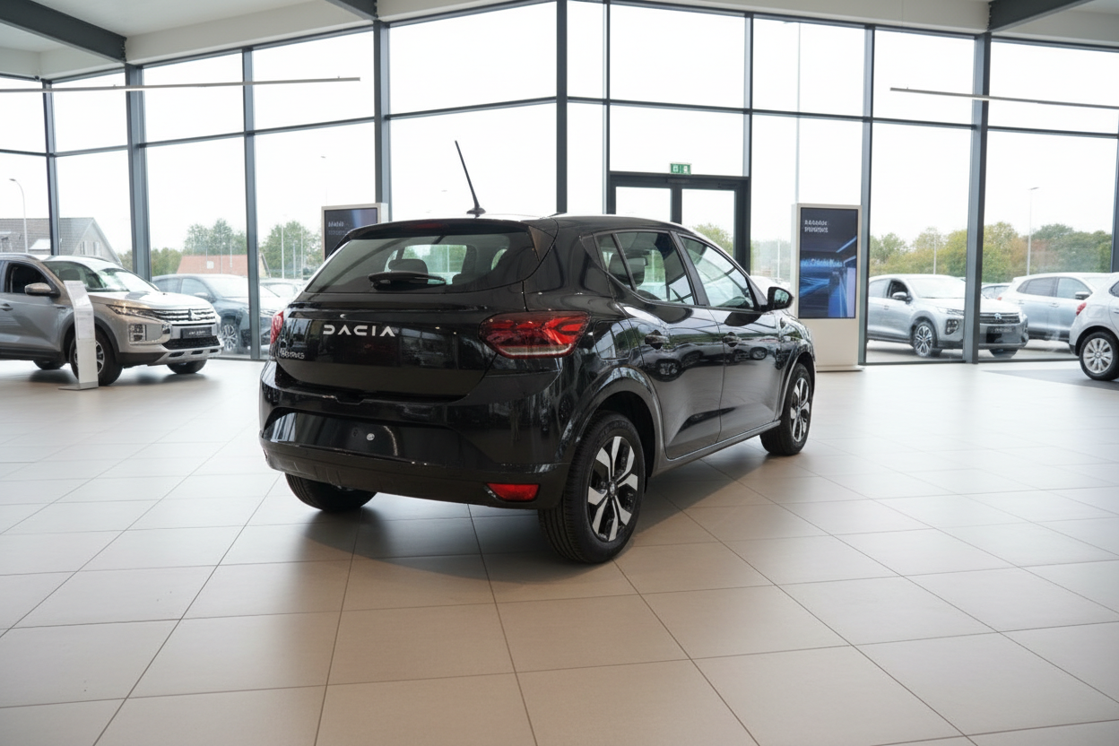 Schwarzer Dacia Sandero Heckansicht im Autohaus Showroom