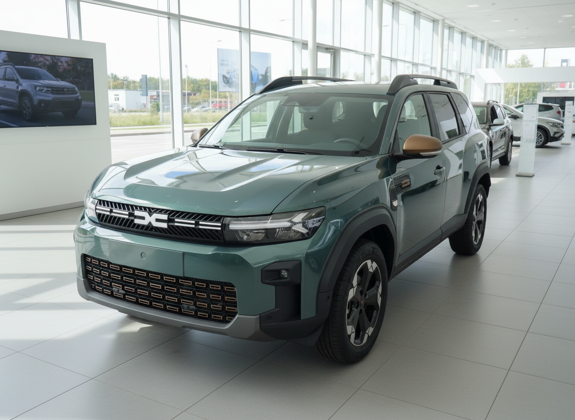 Dacia Duster SUV in Grün im Autohaus Showroom – Frontansicht mit modernem Design
