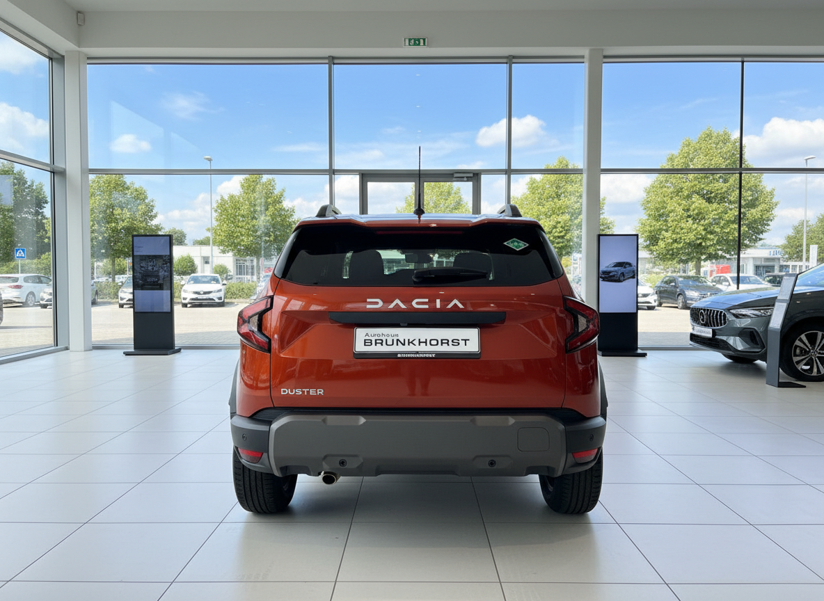 Dacia Duster in Orange Heckansicht im Autohaus Brunkhorst Showroom