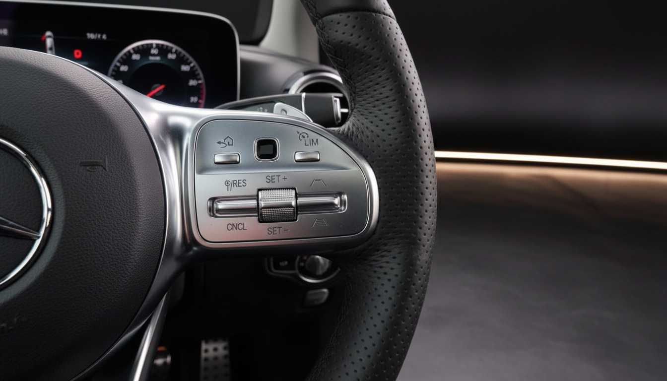 Mercedes-Benz Lenkrad mit Tempomat-Bedieneinheit SET RES CNCL LIM Tasten Innenraum Detail