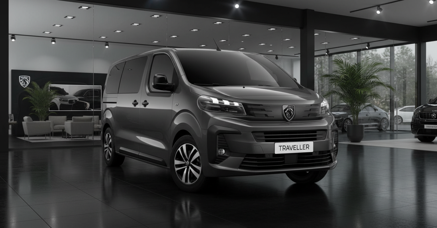 Peugeot Traveller Neuwagen in Grau im modernen Autohaus-Showroom mit Glasfassade und Palmen