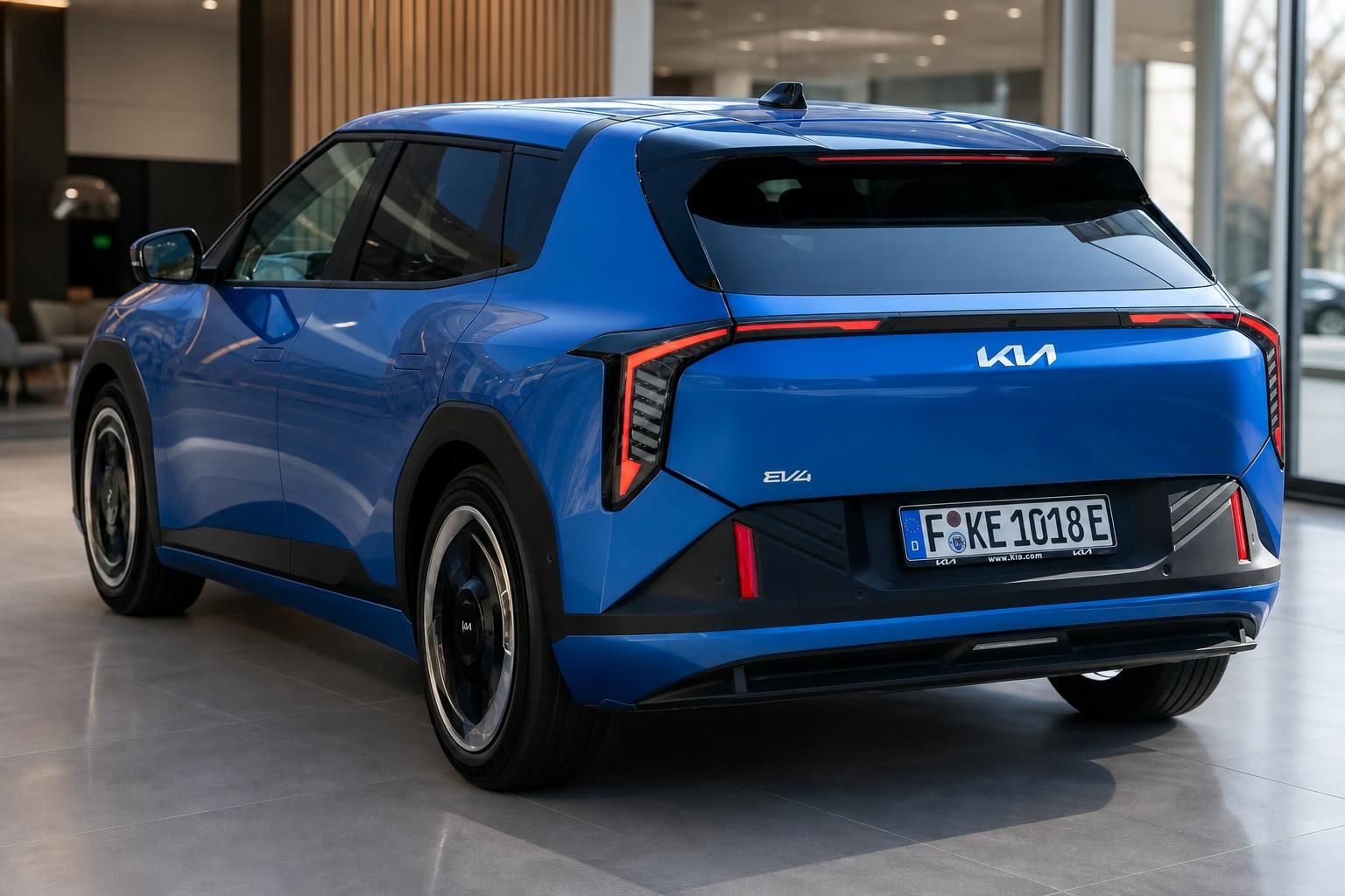 Kia EV4 Heckansicht in Blau mit markanten Ruecklichtern
