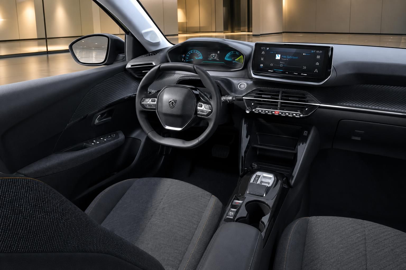 Peugeot E-208 Cockpit mit Lenkrad und Digitaldisplay
