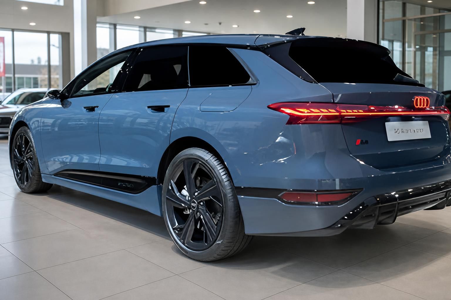 Audi SQ8 Avant blau Heckansicht mit Sportfelgen im Autohaus
