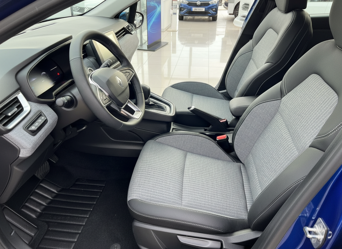 Renault Innenraum mit grauen Stoffsitzen, Lenkrad und Automatikgetriebe in blauem Fahrzeug