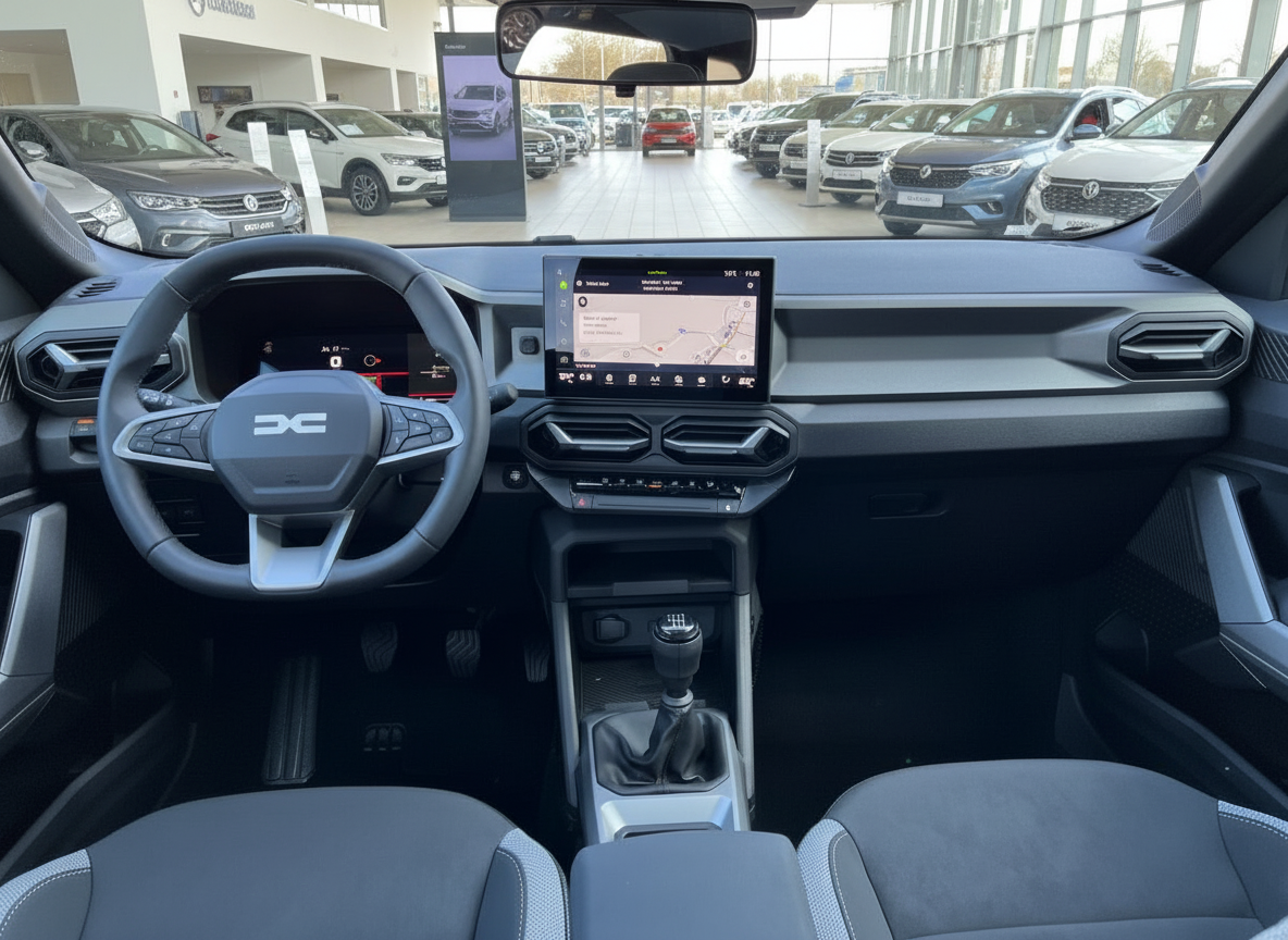 Dacia Innenraum mit Touchscreen-Navi, Schaltgetriebe und modernem Cockpit-Design