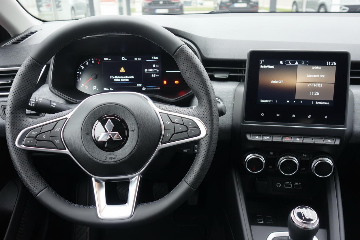 Mitsubishi Innenraum mit Lenkrad, Digitaldisplay und Infotainmentsystem – Cockpit Detailansicht