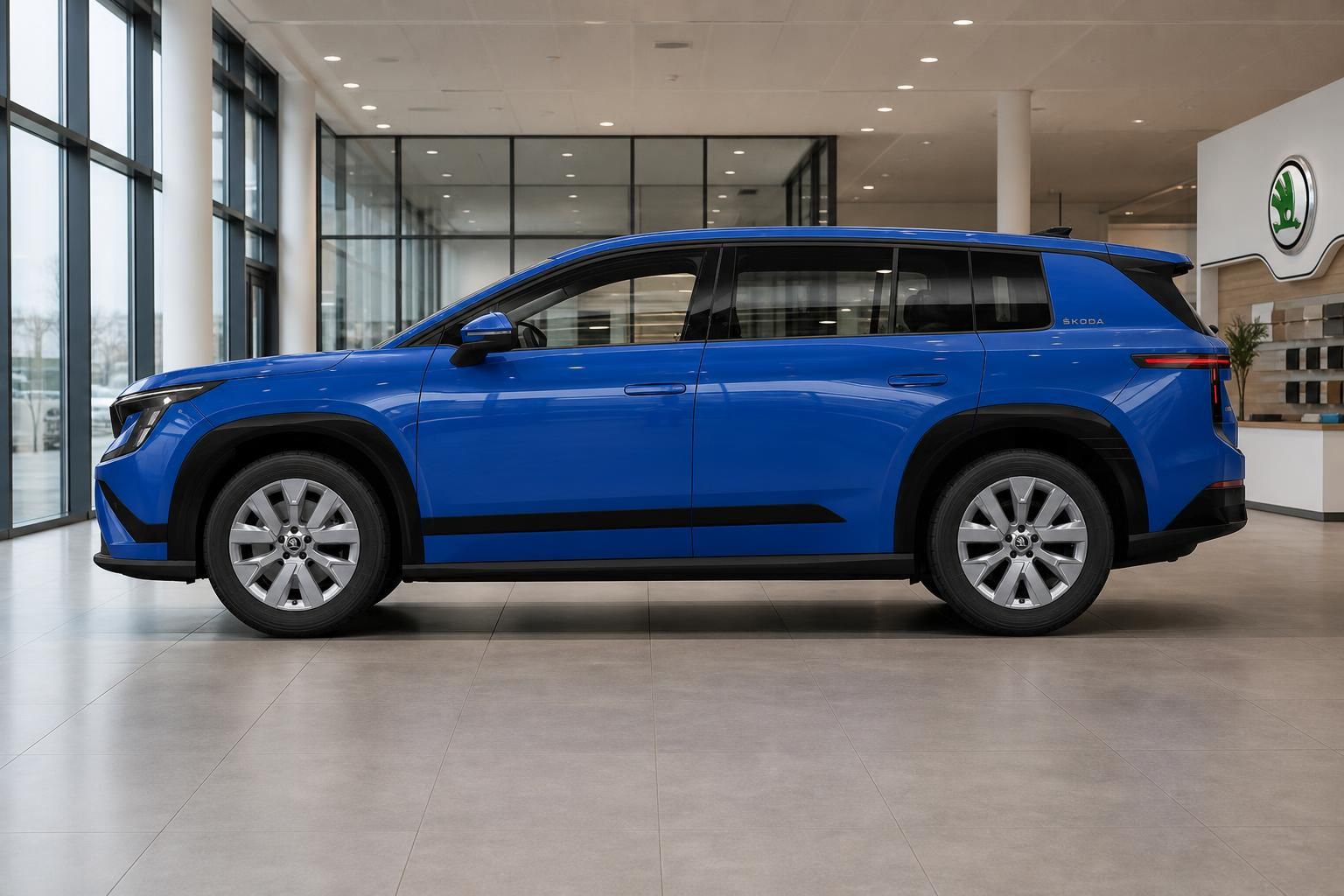Blauer Škoda SUV seitlich im Autohaus mit Škoda-Logo