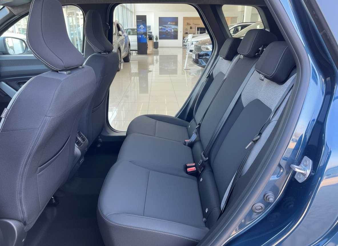 Innenraum Rücksitzbank eines blauen SUV mit schwarzen Stoffsitzen im Autohaus