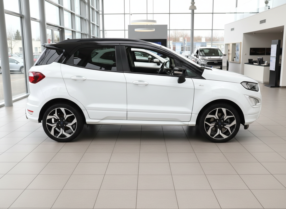 Ford EcoSport ST-Line in Weiß mit schwarzem Dach, Seitenansicht im Autohaus
