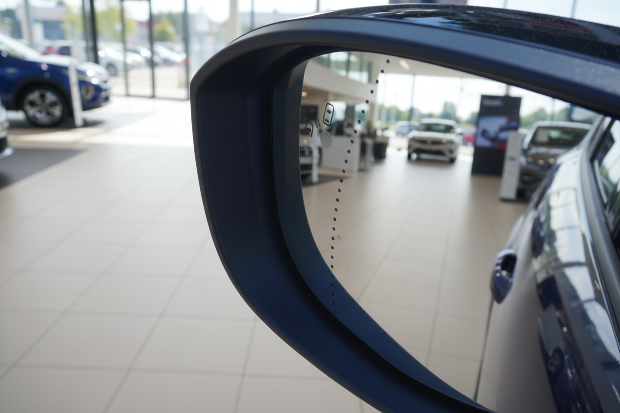 Außenspiegel eines blauen VW im Autohaus mit Blick auf Showroom und weitere Fahrzeuge