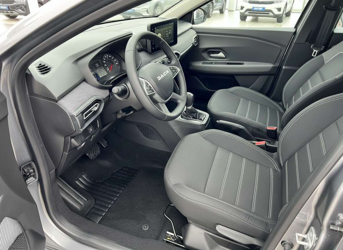 Dacia Innenraum mit schwarzen Stoffsitzen, Lenkrad, Infotainment-Display und Schaltgetriebe im Showroom