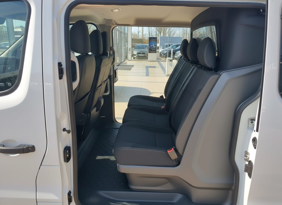 Weißer Transporter Innenraum mit schwarzen Sitzen und geöffneter Schiebetür im Autohaus