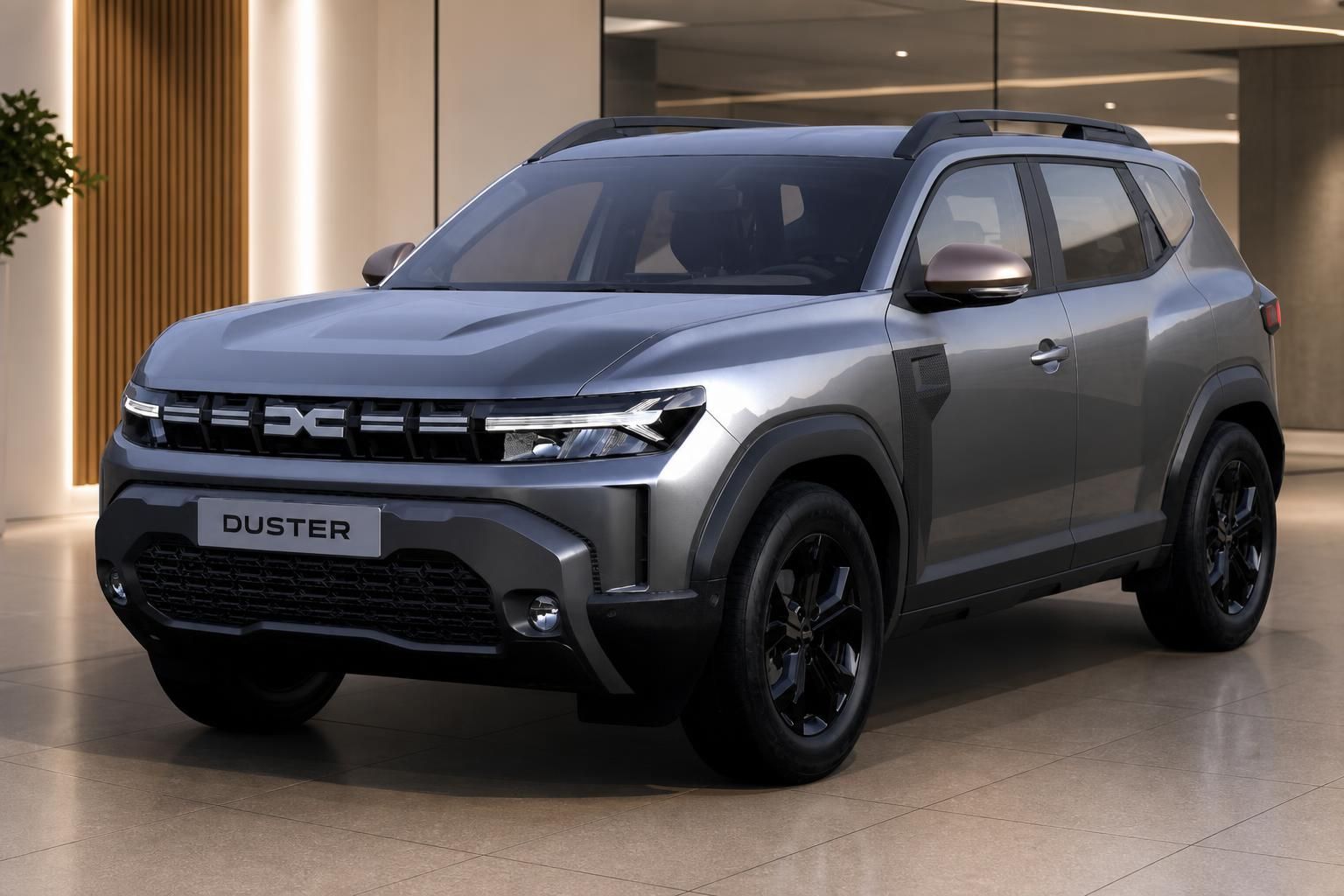 Dacia Duster SUV grau Dreiviertel-Frontansicht mit robustem Design und schwarzen Akzenten
