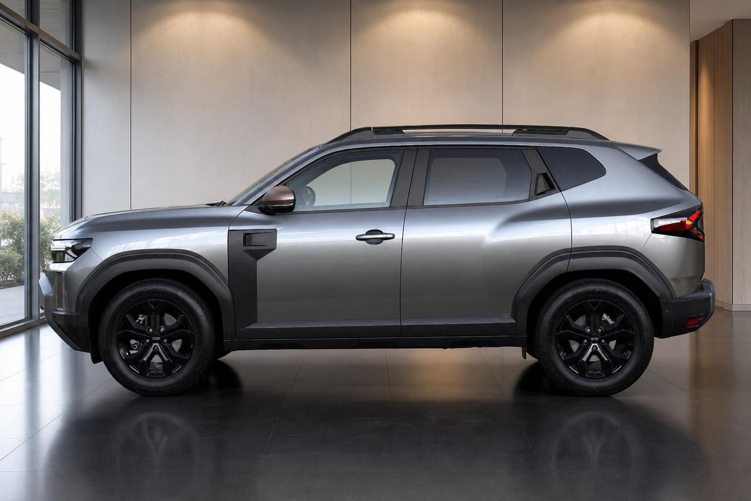 Dacia Duster SUV Seitenansicht grau metallic mit schwarzen Felgen und Dachreling im Autohaus