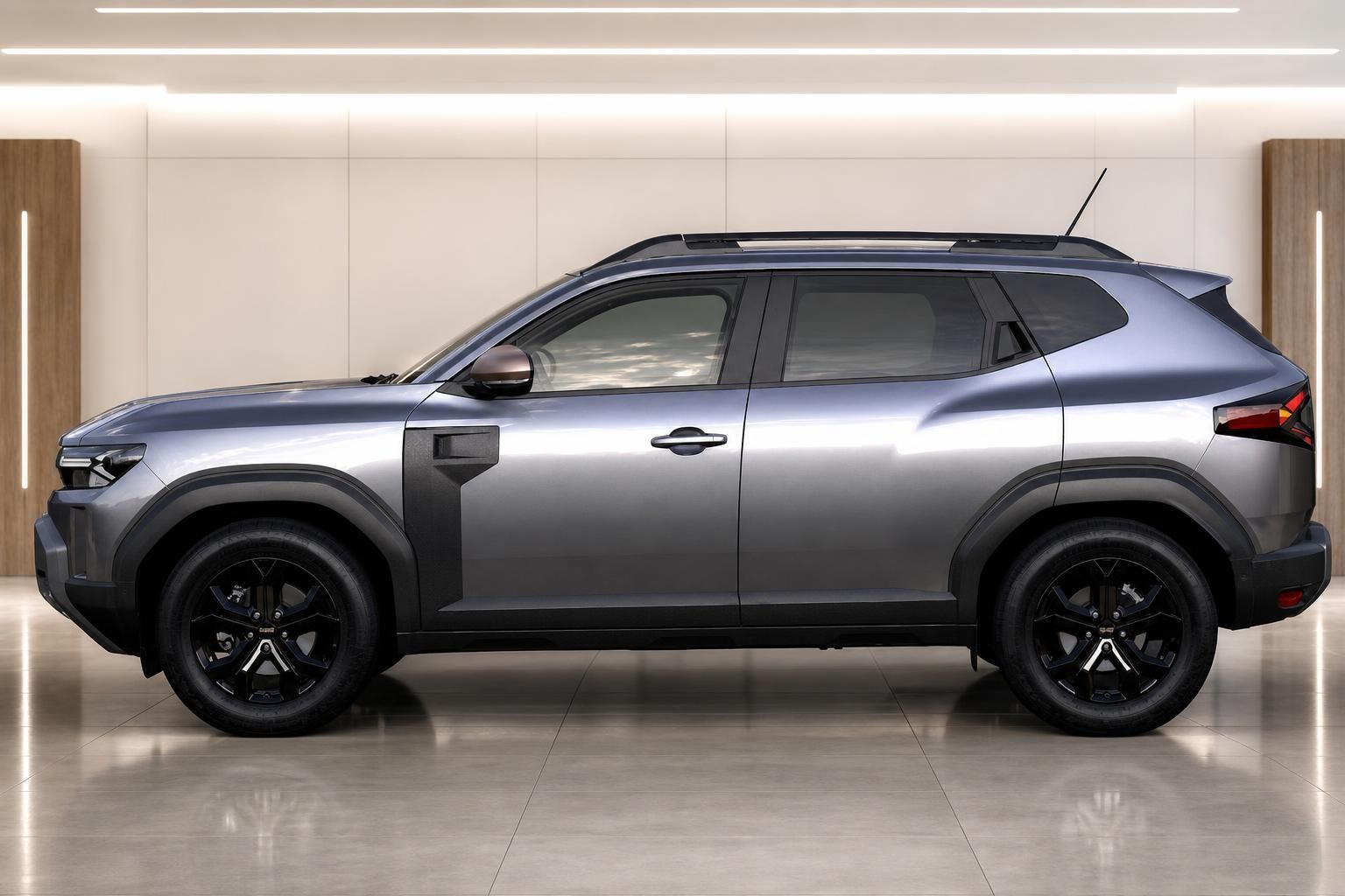 Dacia Duster SUV Seitenansicht in grau mit schwarzen Felgen und Dachreling im Showroom