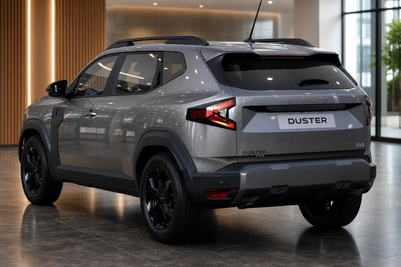 Dacia Duster SUV Heckansicht mit LED-Rückleuchten und DUSTER Schriftzug in grauer Lackierung