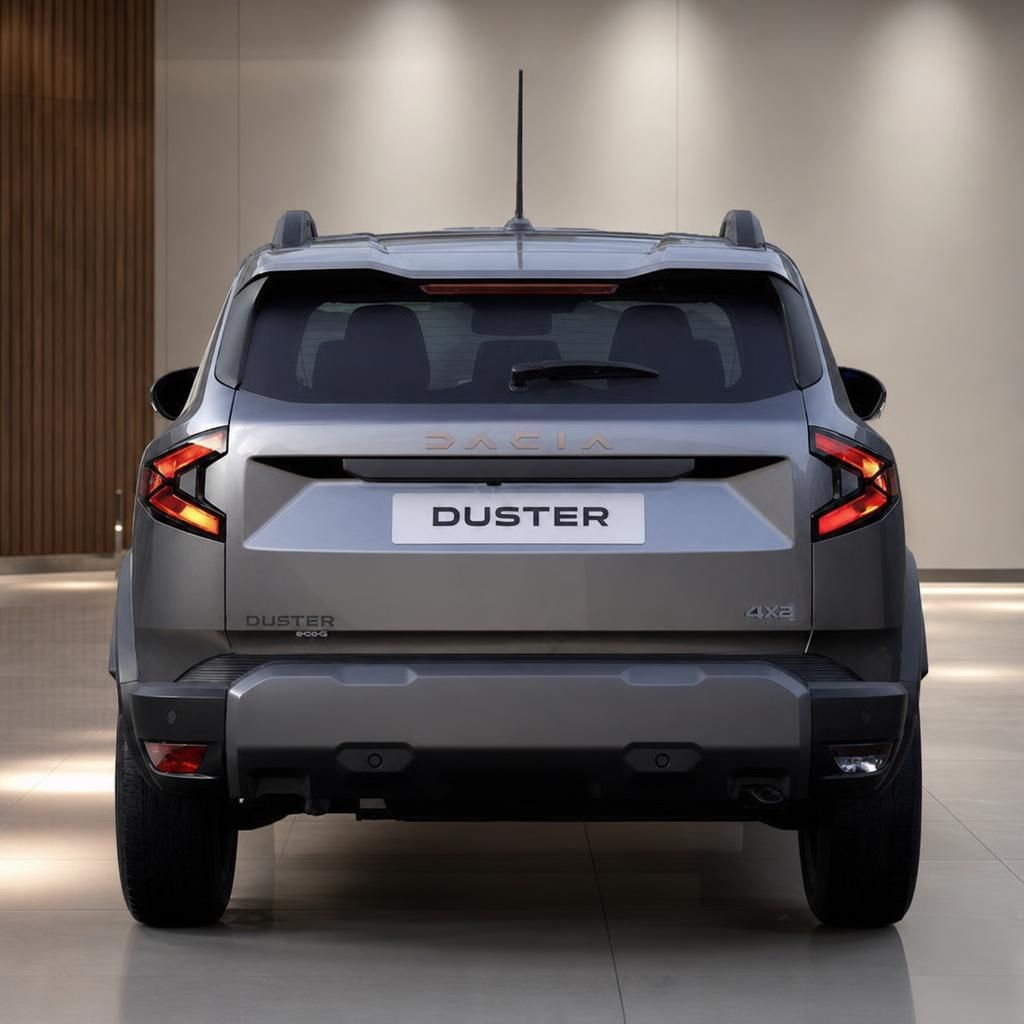 Dacia Duster SUV Heckansicht grau mit LED-Rücklichtern und DUSTER Schriftzug im Ausstellungsraum