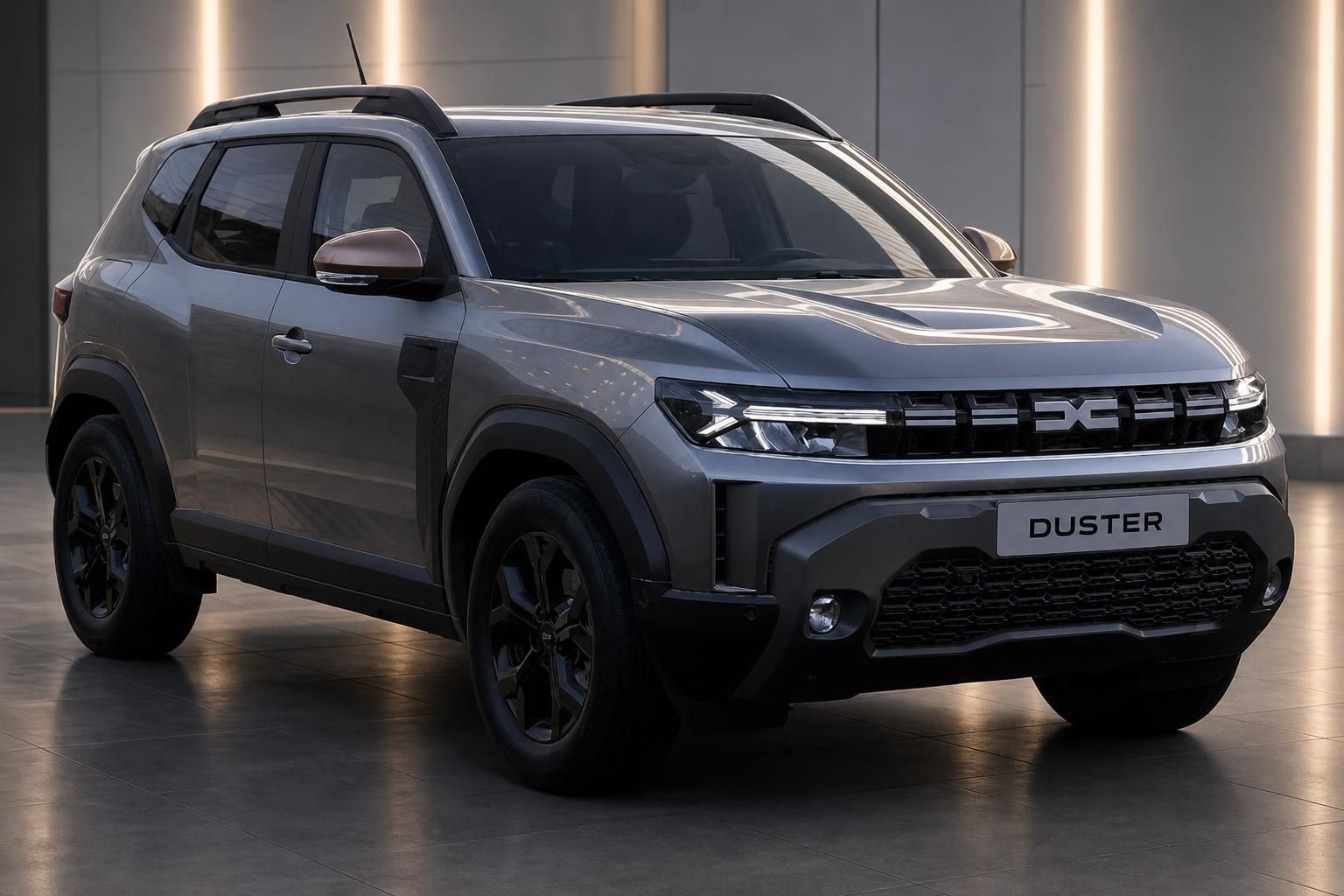 Dacia Duster SUV grau metallic Frontansicht mit LED-Scheinwerfern und schwarzen Felgen im Showroom