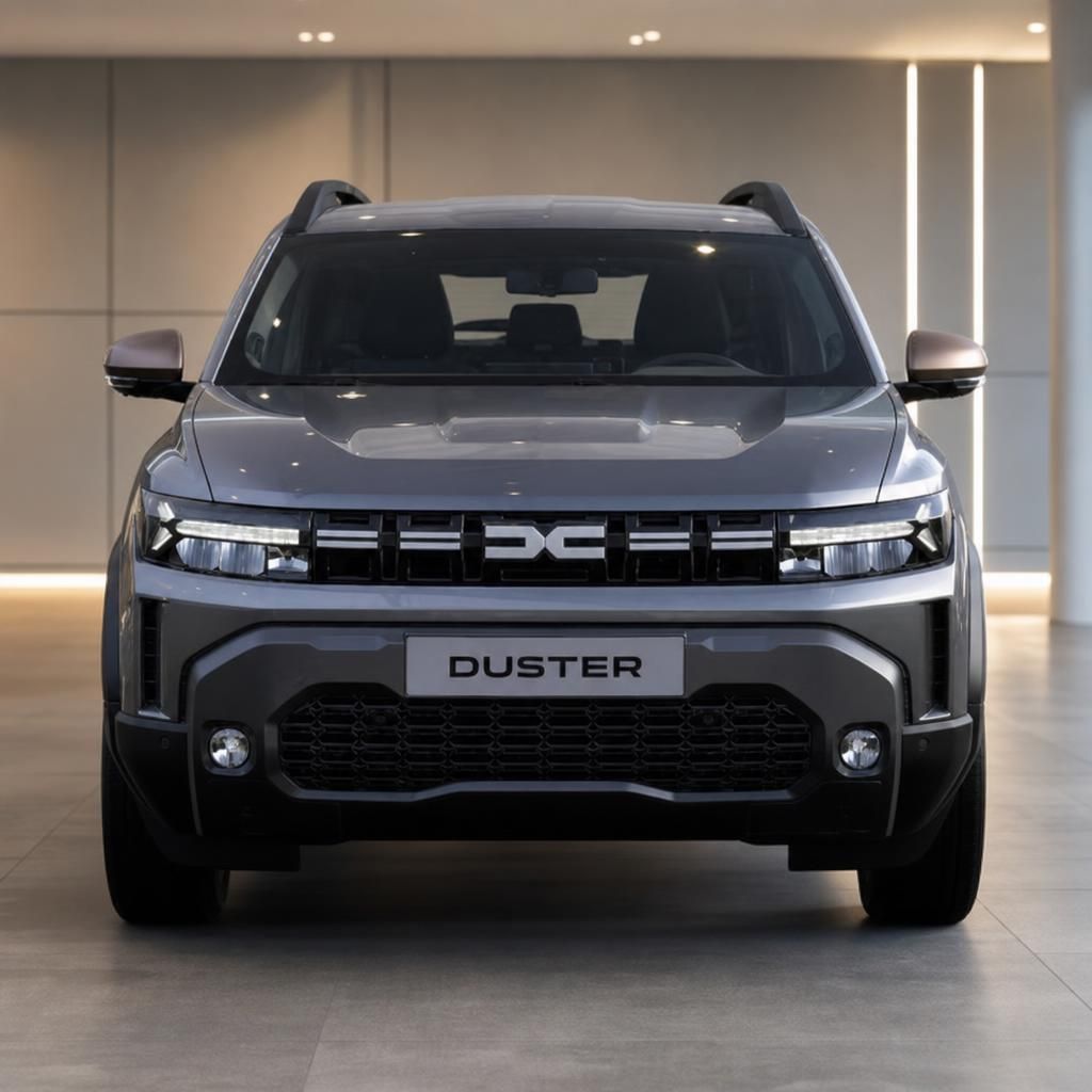 Dacia Duster SUV Frontansicht grau mit modernem Kühlergrill und LED-Tagfahrlicht im Showroom