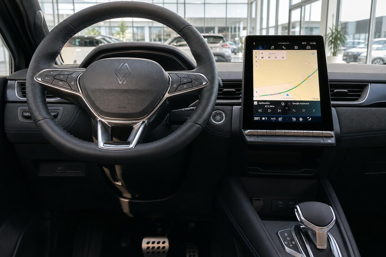 Modernes Armaturenbrett mit Lenkrad und Touchscreen-Display - Fahrzeug Innenraum