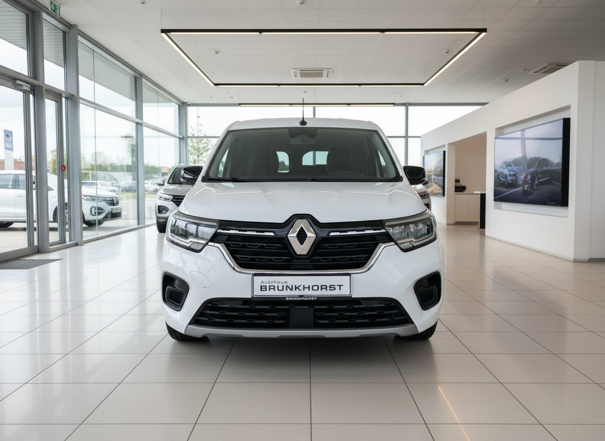 Weißer Renault Kangoo Frontansicht im Autohaus Brunkhorst Showroom