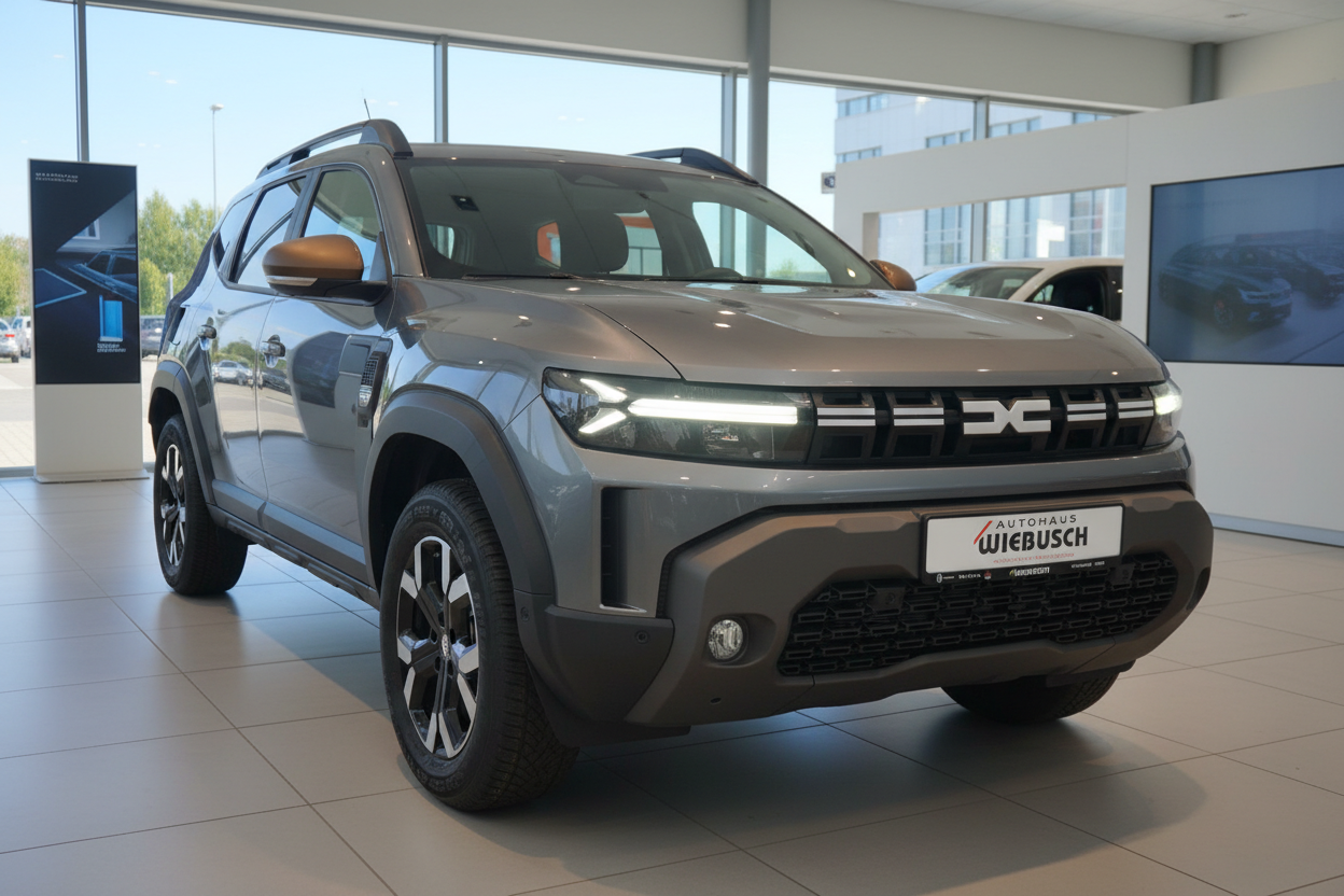 Dacia Duster SUV in Grau im Autohaus Wiebusch Showroom – Frontansicht