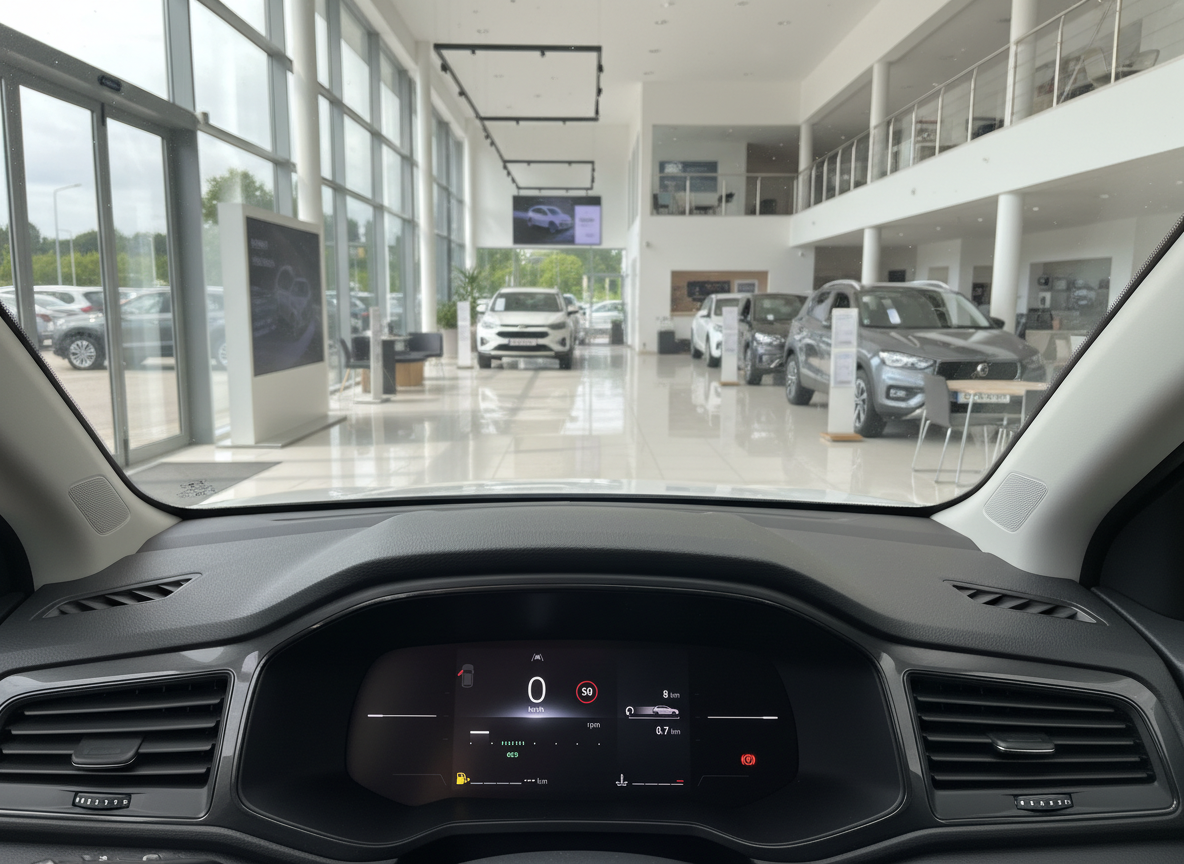 Fahrzeug-Innenraum mit digitalem Cockpit in modernem Autohaus mit Ausstellungsfahrzeugen