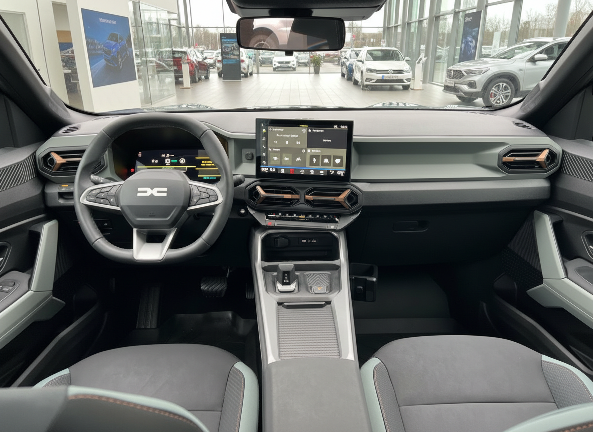 Dacia Innenraum mit Touchscreen, Lederlenkrad und modernem Cockpit-Design im Autohaus