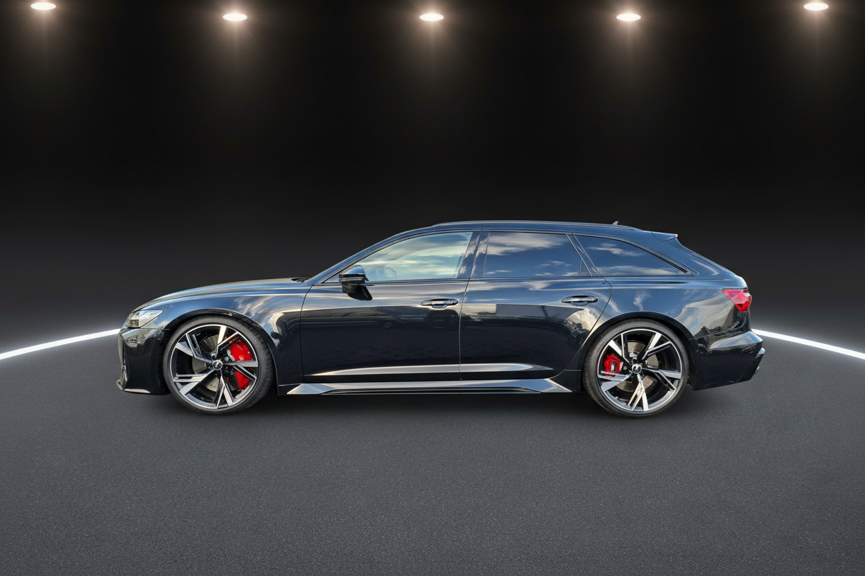 Schwarzer Audi RS6 Avant Seitenansicht mit roten Bremsscheiben, großen Leichtmetallfelgen und sportlichem Bodykit im professionellen Studio mit dramatischer Beleuchtung