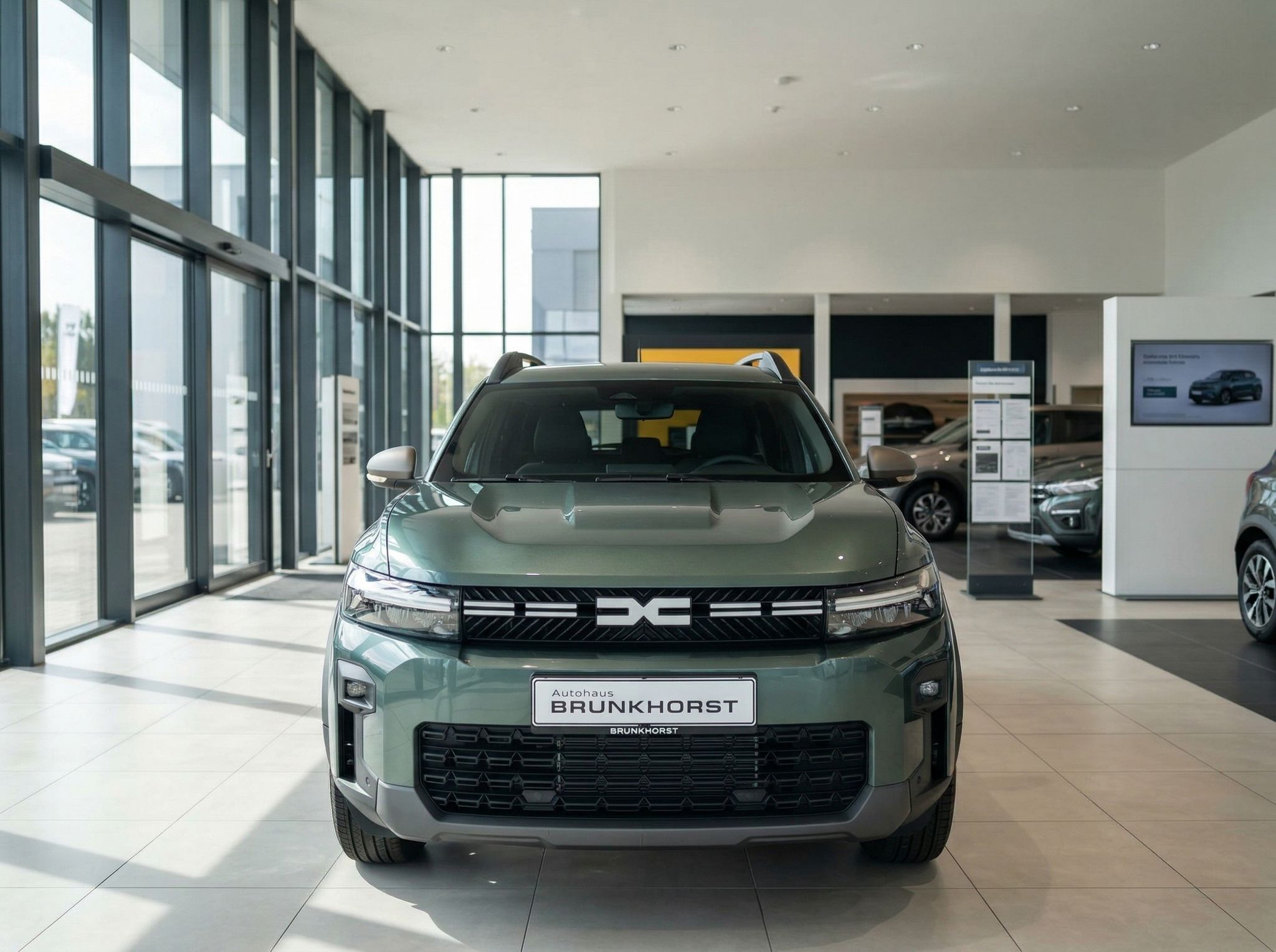 Dacia SUV Frontansicht mit charakteristischem Kühlergrill im Autohaus