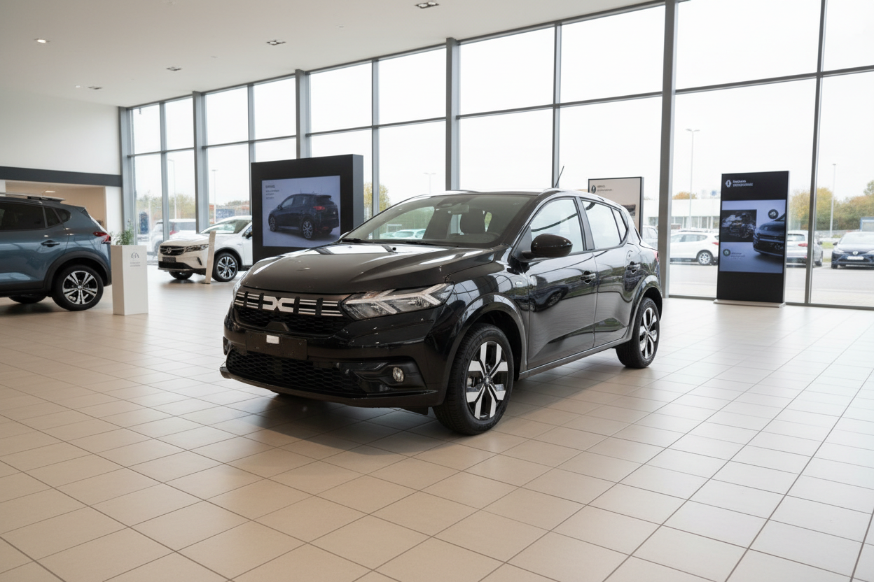 Schwarzer Dacia Sandero im Autohaus-Showroom, Frontansicht schräg