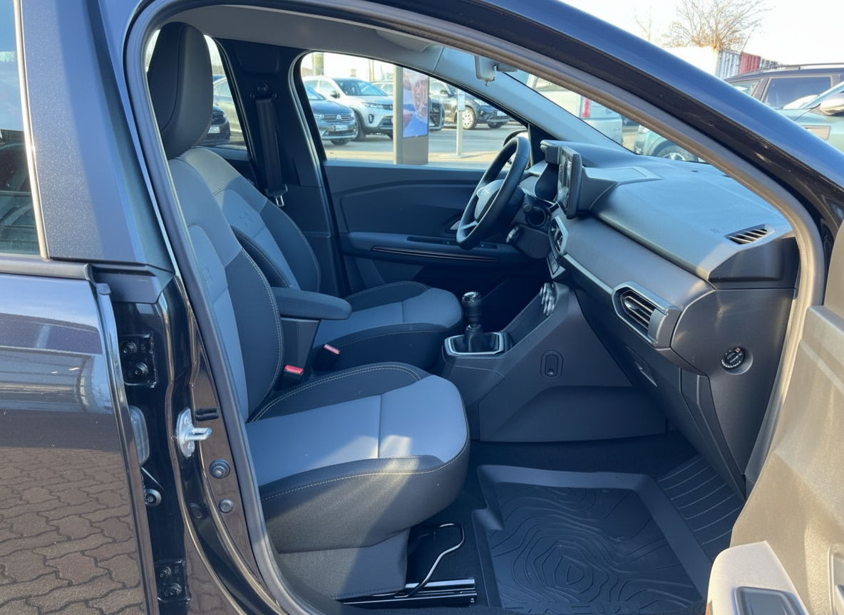 Innenraum Beifahrerseite mit Stoffsitzen und Schaltgetriebe, dunkles Fahrzeug auf Händlergelände