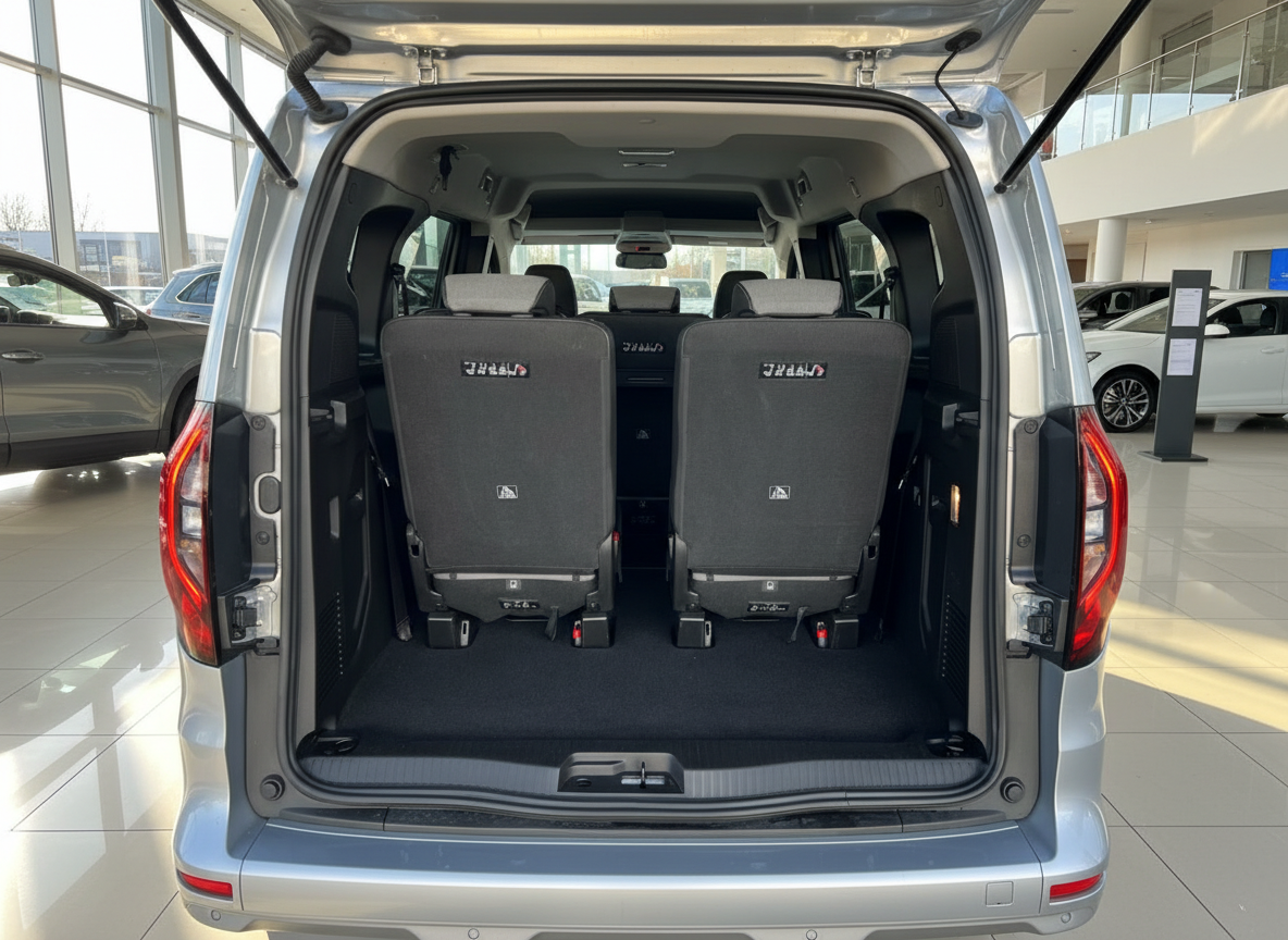 Silberner Van Kofferraum offen mit umklappbaren Rücksitzen im Autohaus