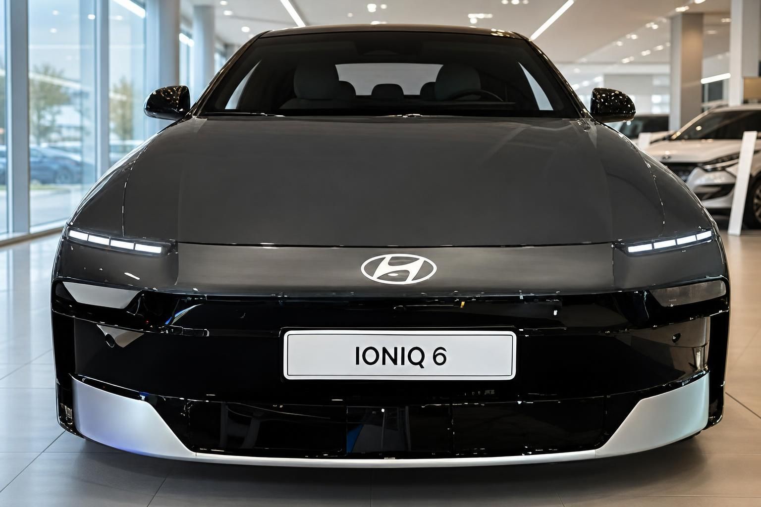 Hyundai Ioniq 6 Frontansicht mit LED-Scheinwerfern im Showroom