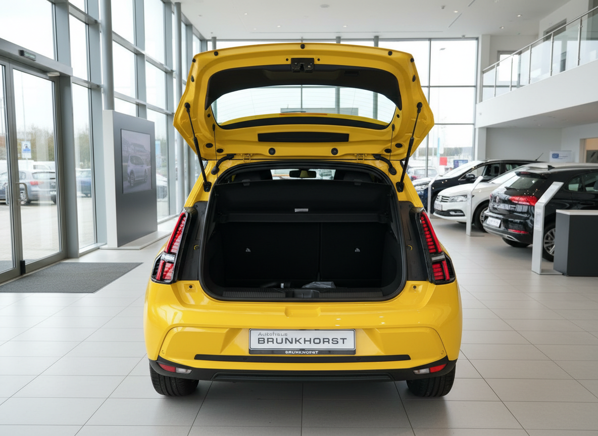 Gelber VW Polo mit geöffnetem Kofferraum im Autohaus Brunkhorst Showroom