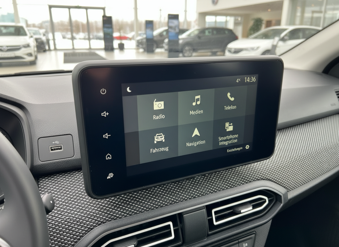 Dacia Infotainment-Display mit Radio, Medien, Navigation und Smartphone-Integration im Autohaus