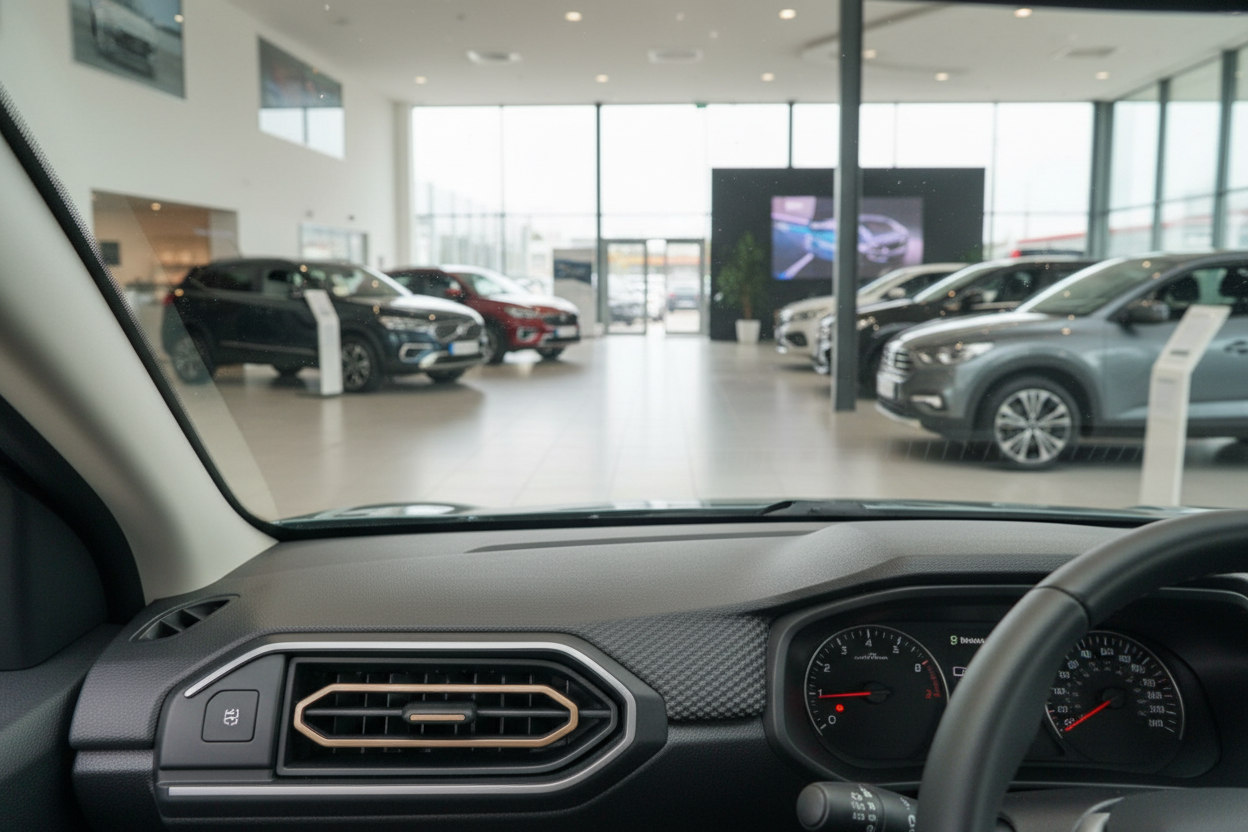 Fahrzeug-Innenraum mit Blick auf Armaturenbrett und Autohaus-Showroom mit mehreren SUVs