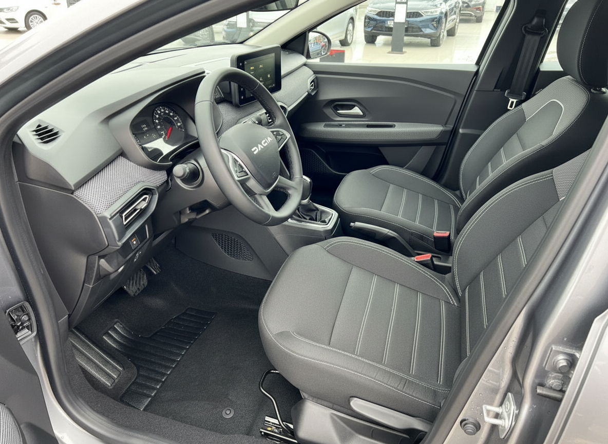 Dacia Innenraum Fahrerseite mit schwarzen Stoffsitzen, Lenkrad und Touchscreen-Display