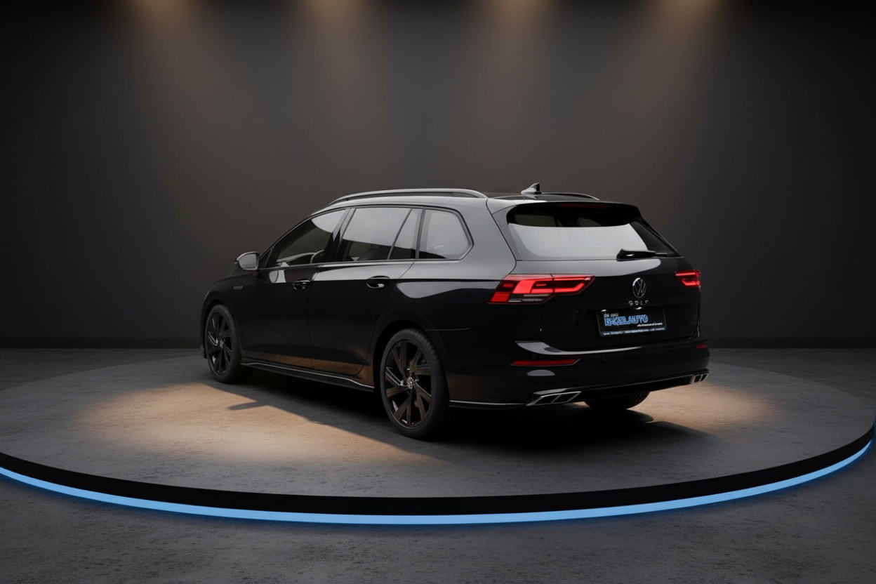 Schwarzer VW Golf Variant R-Line Kombi Heckansicht in Fotostudio