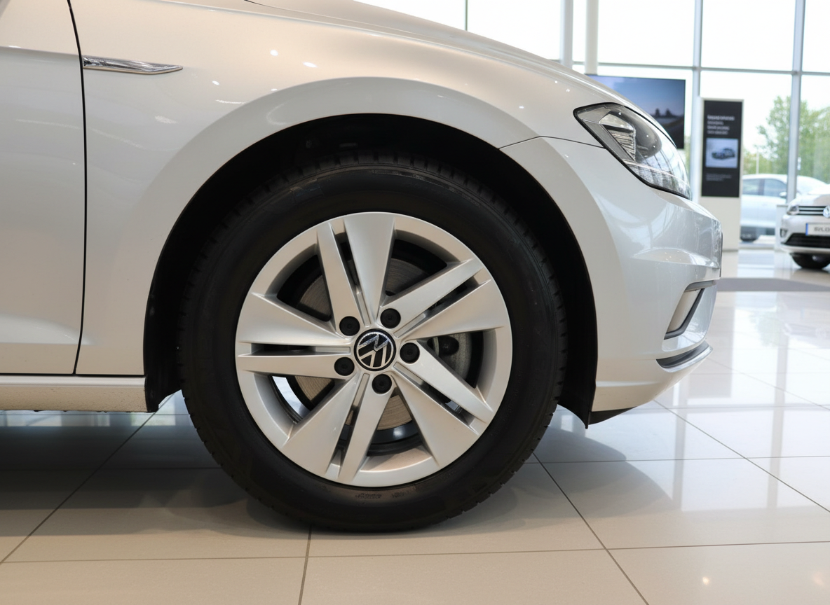 Volkswagen Golf weiß Detailaufnahme Vorderrad Alufelge im Autohaus