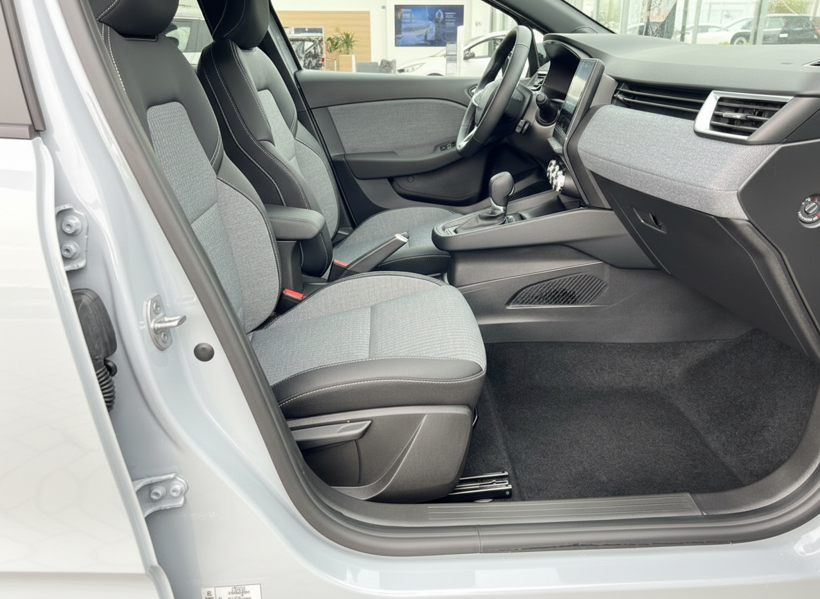 Opel Corsa Innenraum Fahrersitz mit grauem Stoffsitz, schwarzem Lenkrad und moderner Mittelkonsole