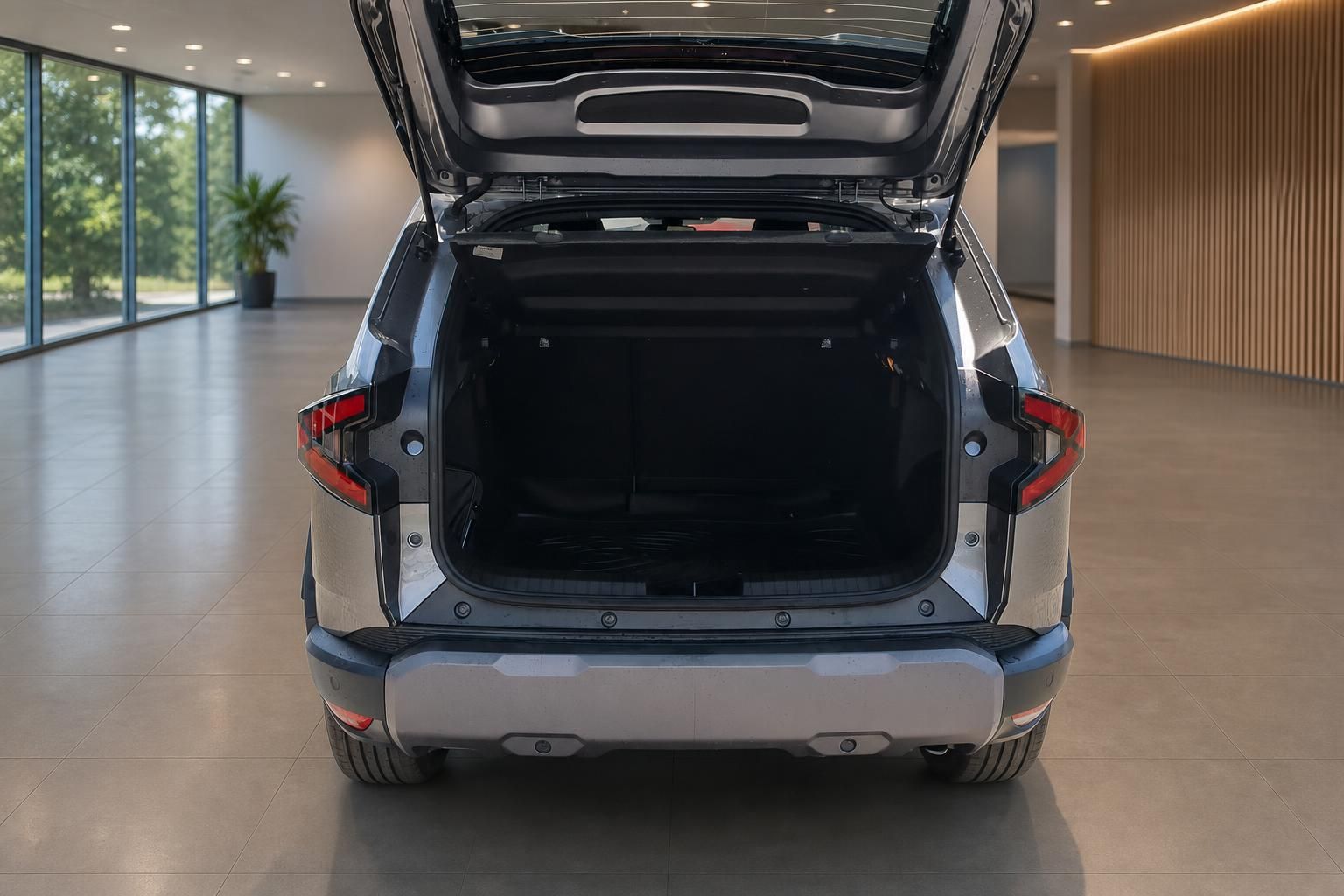 SUV von hinten mit geoeffneter Heckklappe und leerem Kofferraum