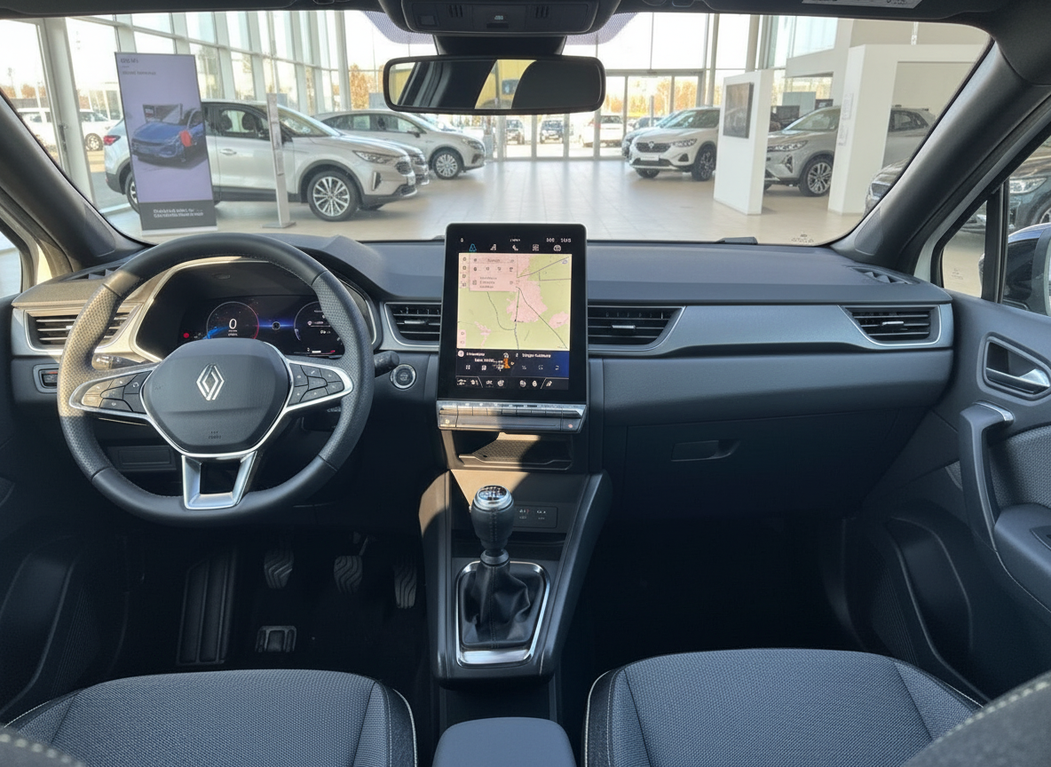Renault Innenraum mit digitalem Cockpit, Touchscreen-Navigation und Schaltgetriebe