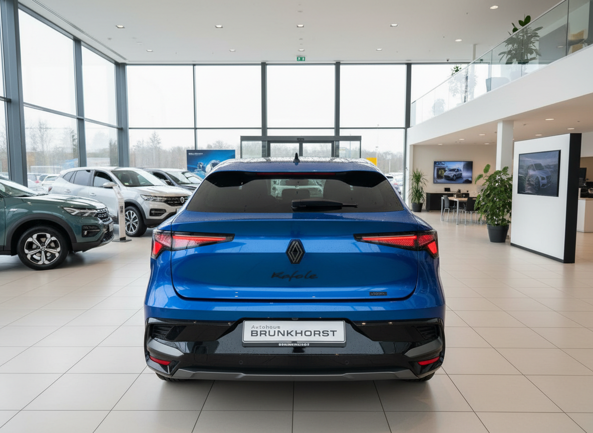 Renault Rafale E-Tech in Blau, Heckansicht im Autohaus Brunkhorst Showroom