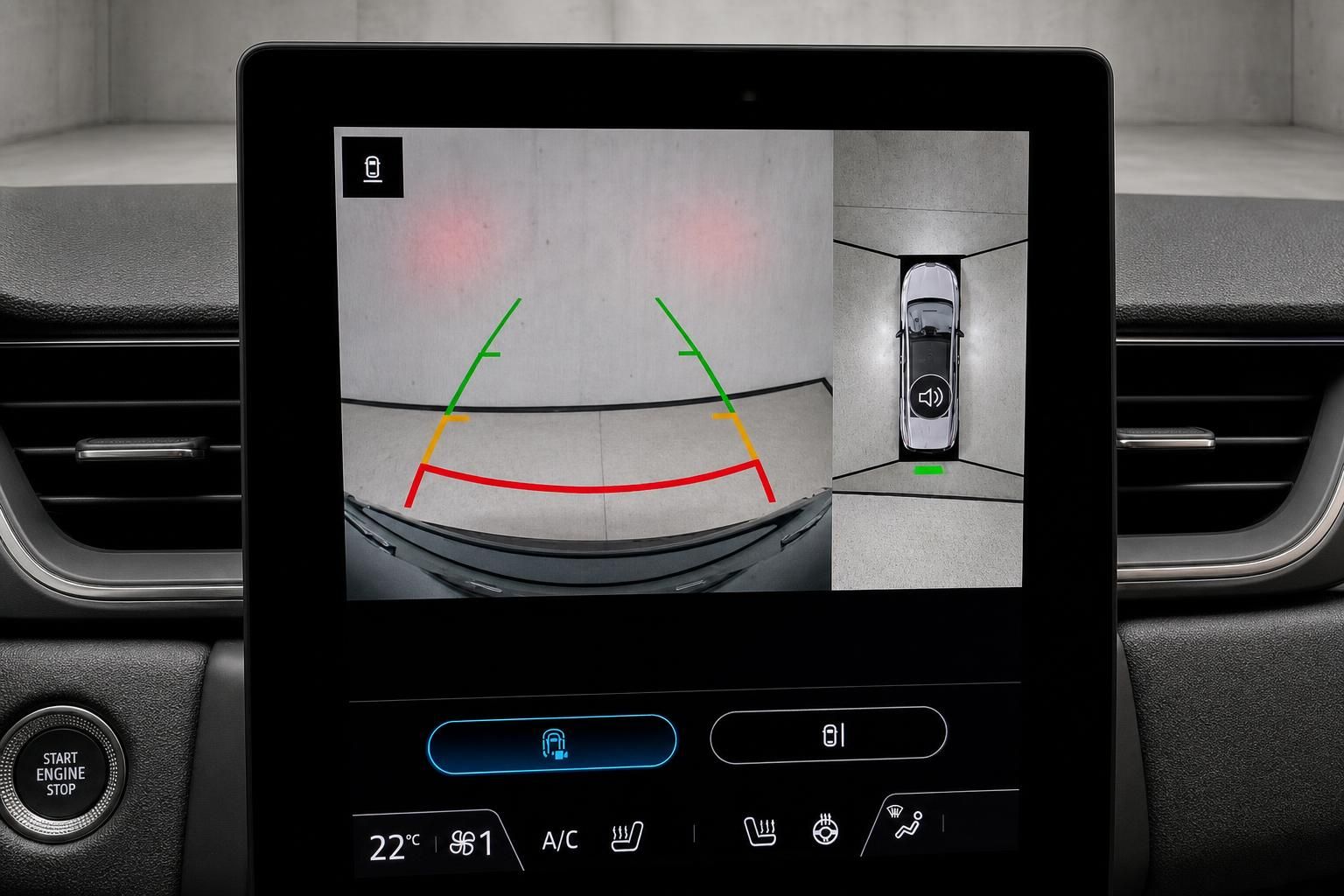 Rueckfahrkamera mit Parksensoren-Anzeige auf dem Infotainment-Display