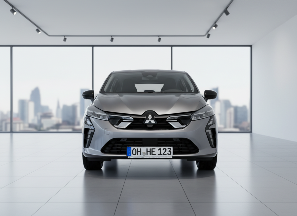 Silberner Mitsubishi Colt Frontansicht im Showroom mit deutschem Kennzeichen