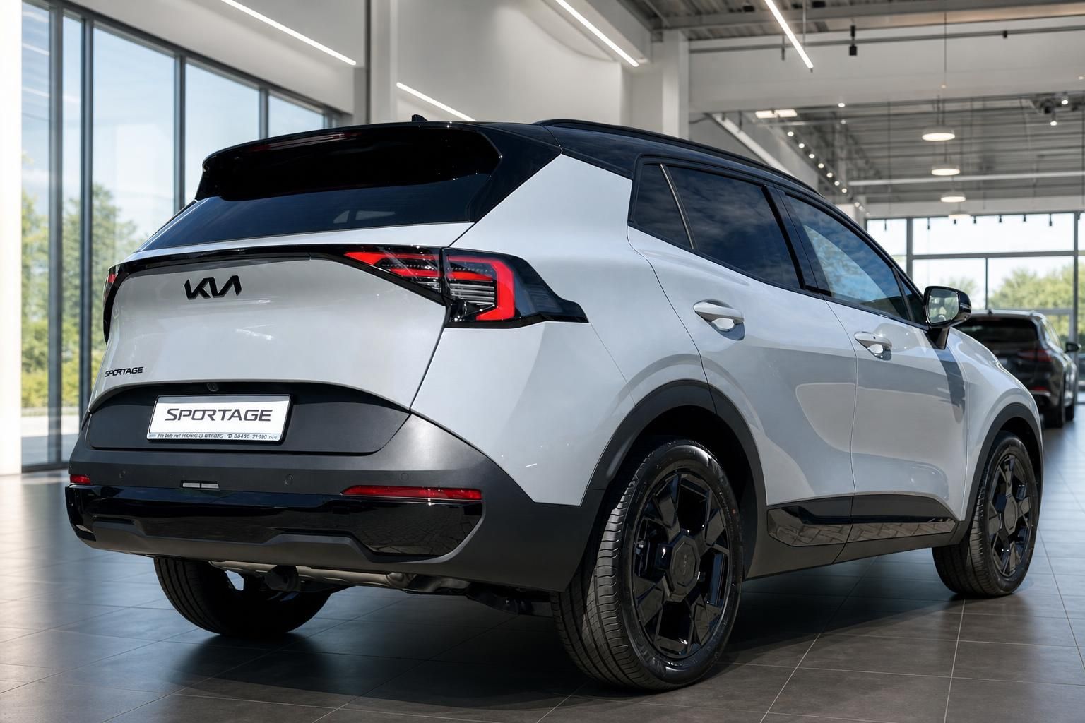Kia Sportage weiß, Heck-Seitenansicht mit Zweifarb-Design