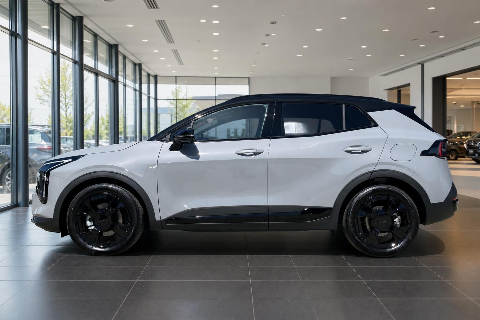 Kia Sportage in Weiß, Seitenansicht mit schwarzen Alufelgen